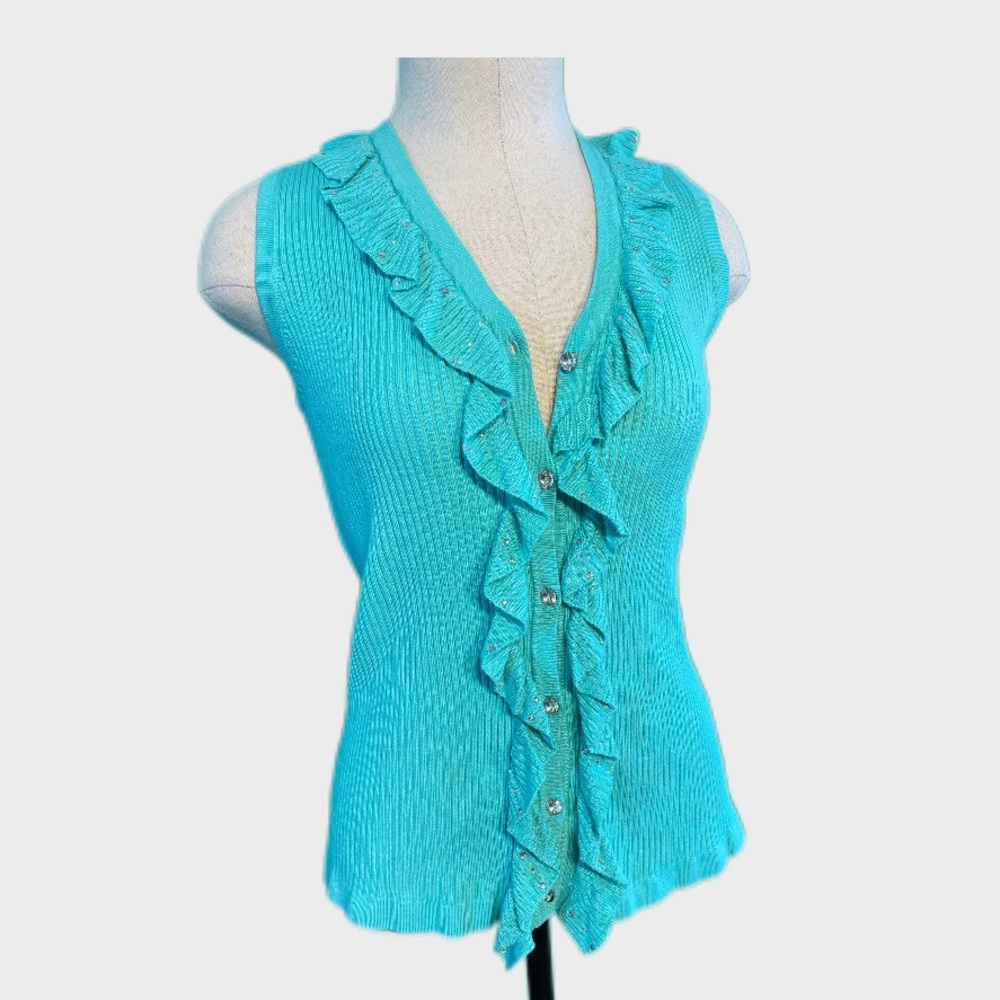 Belldini Luxe Turquoise Ruffle Rhinestone Vest Cardigan Figure Flattering Large✨ - Picture 2 of 9